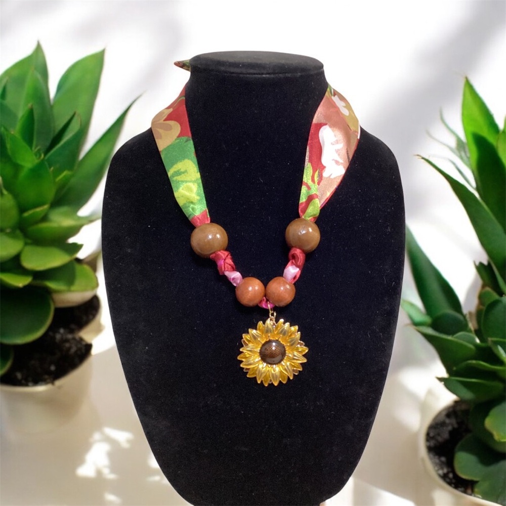 (#60) Handmade Brown and Gold Necklace with a Sunflower Pendant